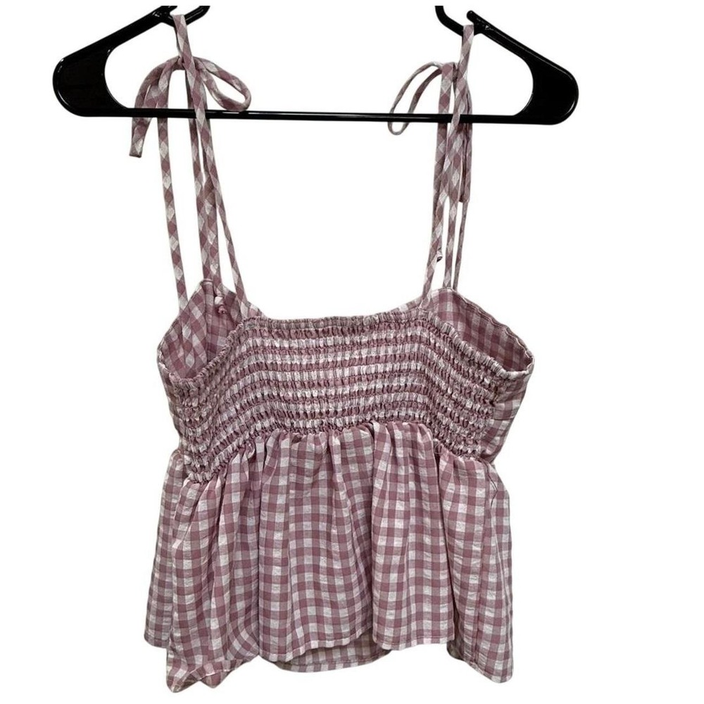 Pie in the Sky Pink Gingham Tie Strap Babydoll Peplum Top Size Large Cottagecore - Picture 2 of 6